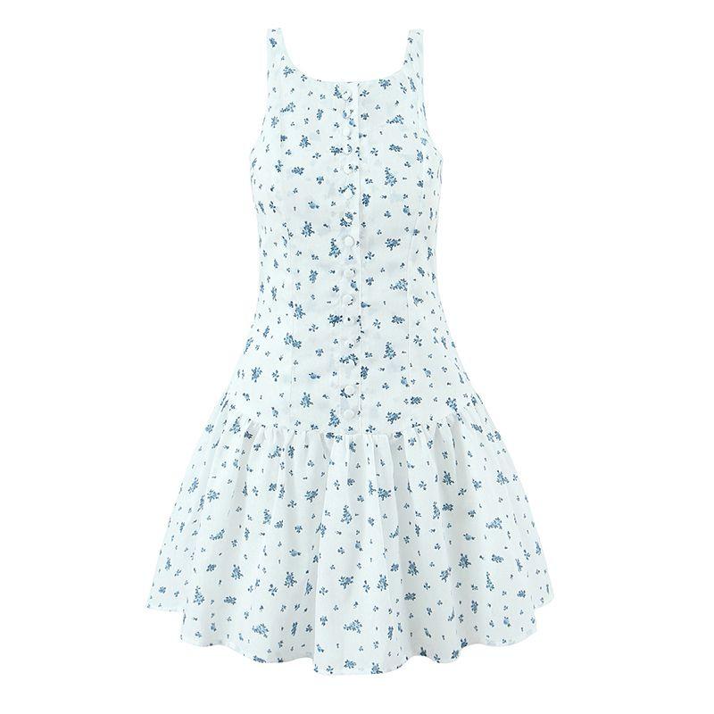 

Summer Jo Malone French style Niche Design Sweet Fresh Floral Waist Hugging Slimming Sleeveless A Word Dress Summer Blue wind chimes L