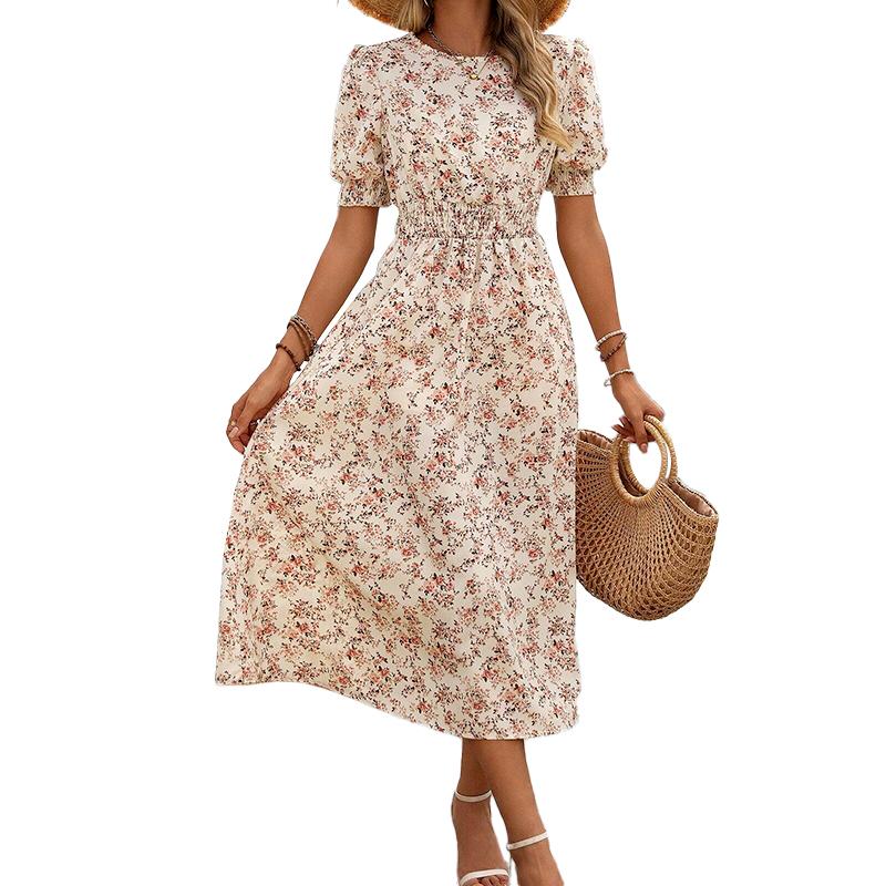 

1 шт. Макси-юбка на талии Летнее женское длинное платье с пышными рукавами Эластичный шифоновый топ с цветочным принтом Круглый вырез L абрикосовый