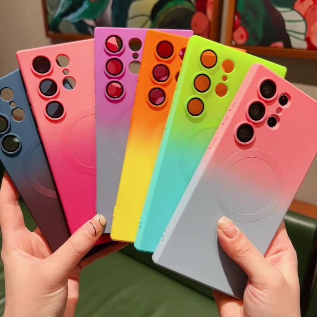 Suitable for Samsung S25edge Liquid Magnetic Suction Mobile Phone Case S24ULTRA Two Color Gradient Protective Case with Lens Film