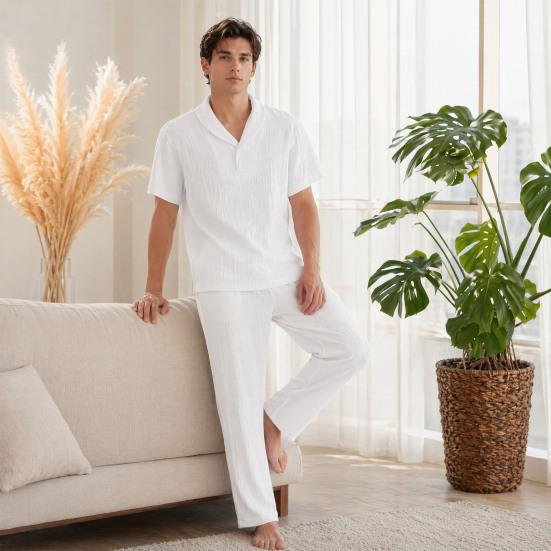 2Pcs/Set Casual Outfit for Men, Lapel Short Sleeve Shirt And Elastic Waist Loose Long Pants, Summer Ultra-Thin Ice Silk Outfit for Home And Daily Wear