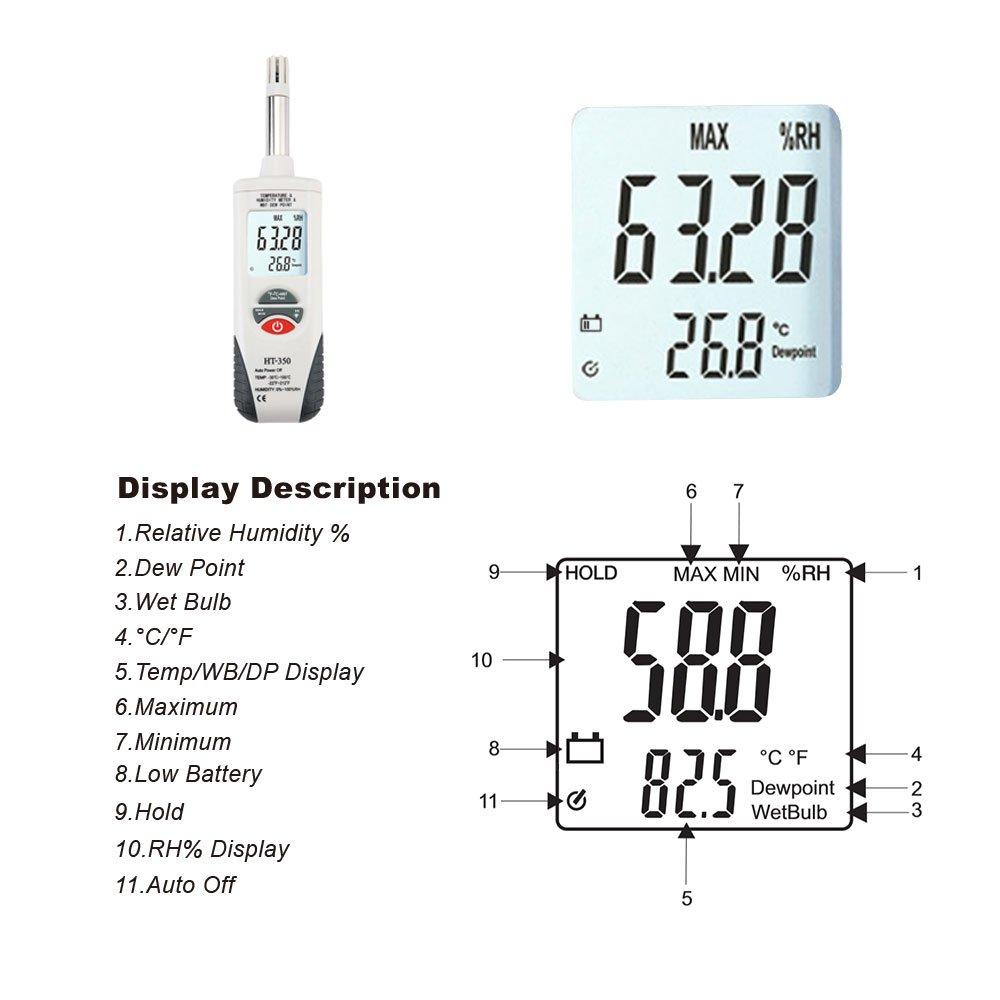 Handheld Digital Humidity Temperature Meter with Dew Point and Wet Bulb Temperature, Dual Display Temperature & Humidity