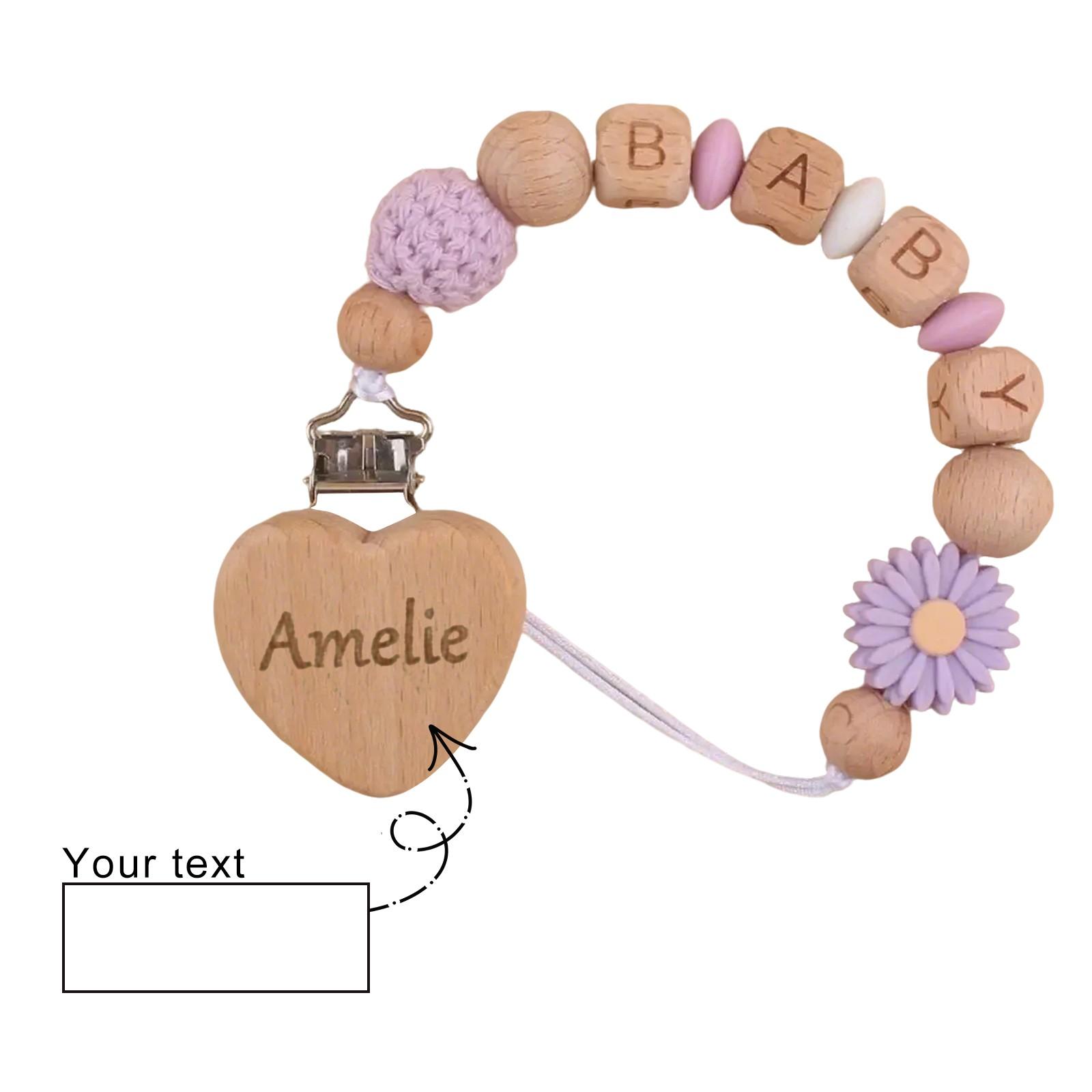 

Персонализированная гравировка на зажиме для детской соски, цепочка для детской соски, зажим для персикового дерева из бука, цепочка для прорезывания зубов One Size светло-фиолетовый