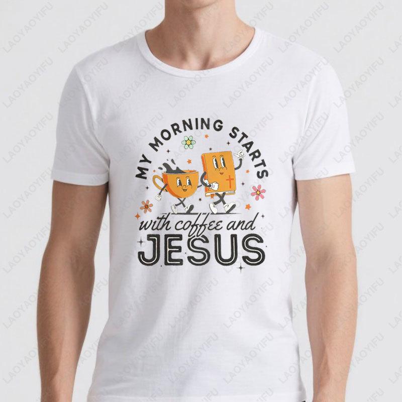 Coffee and Jesus Retro Christian Apparel Faith Based Men Women Tshirt Designs Bible Verse Modal Clothing Cute Creative Tees Gift 4XL
