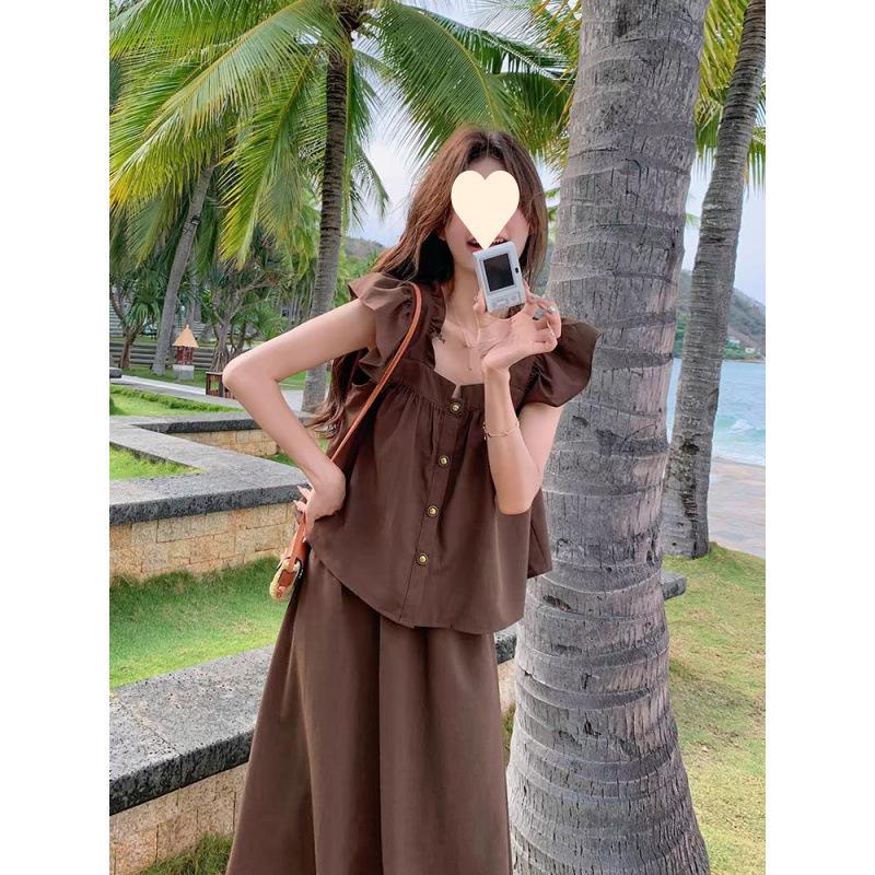 Casual Sweet Age-reducing Suit Women's Summer New Academic Style Early Autumn Wear with Small Flying Sleeves Skirt Temperament Two-piece Set