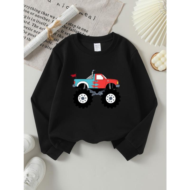 European Sizes Monster Truck Red Blue Flame Girls' Crew Neck Sweatshirt, Western Top, Long Sleeved, Casual for Little Girls.