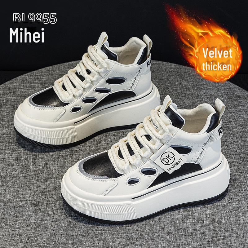 Women's Genuine Leather Velvet Platform Sneakers - Warm, Thick-Soled, Casual High-Tops for Spring 2025.