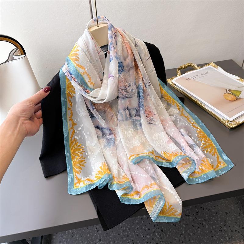 Qilu Painting Printing Flower Cutting Spring and Summer Silk Scarf Large Long Scarf High-end Travel Shawl Sun Protection Women's Scarf Headscarf
