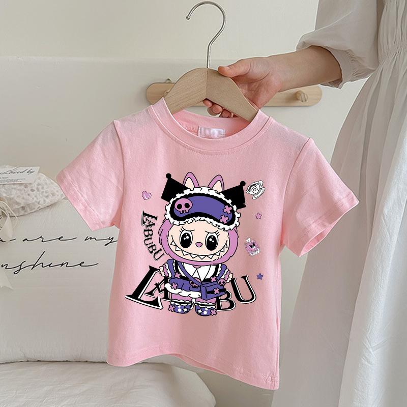 Labubu Children's Pink T-shirt Cartoon Anime Summer Short Sleeved Girl Fashion Cute Top