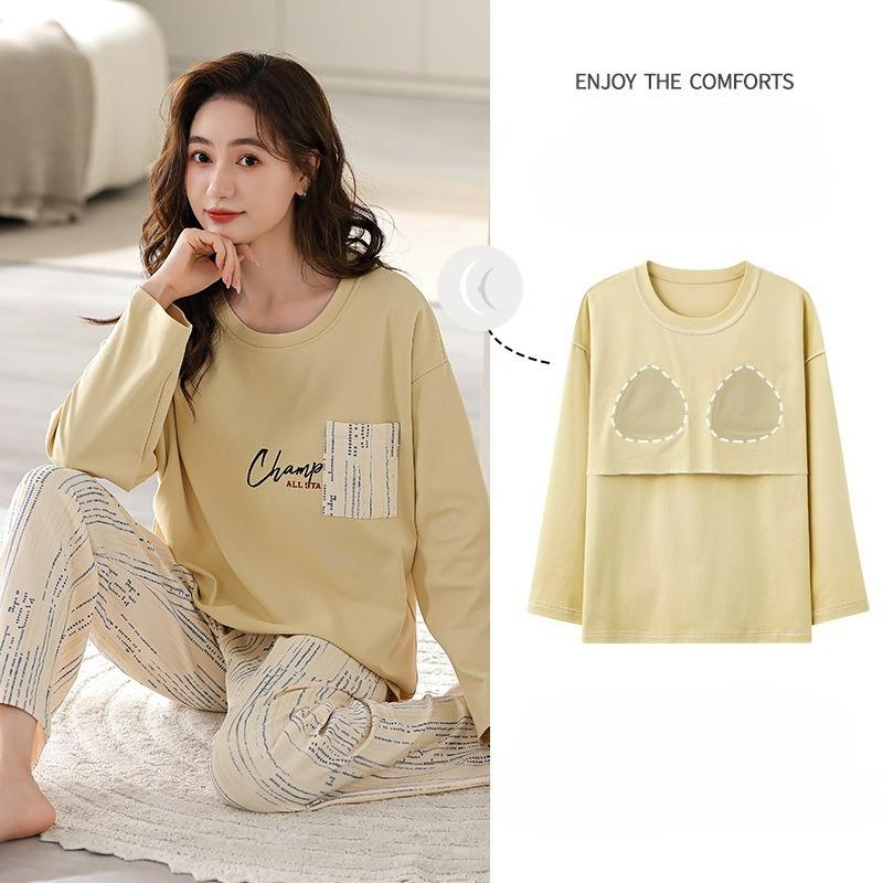 Pajamas with Chest Pads, Women's Spring and Autumn Long-sleeved Cotton Round Neck, Loose, Comfortable and Casual, Can Be Worn Outside Home Service