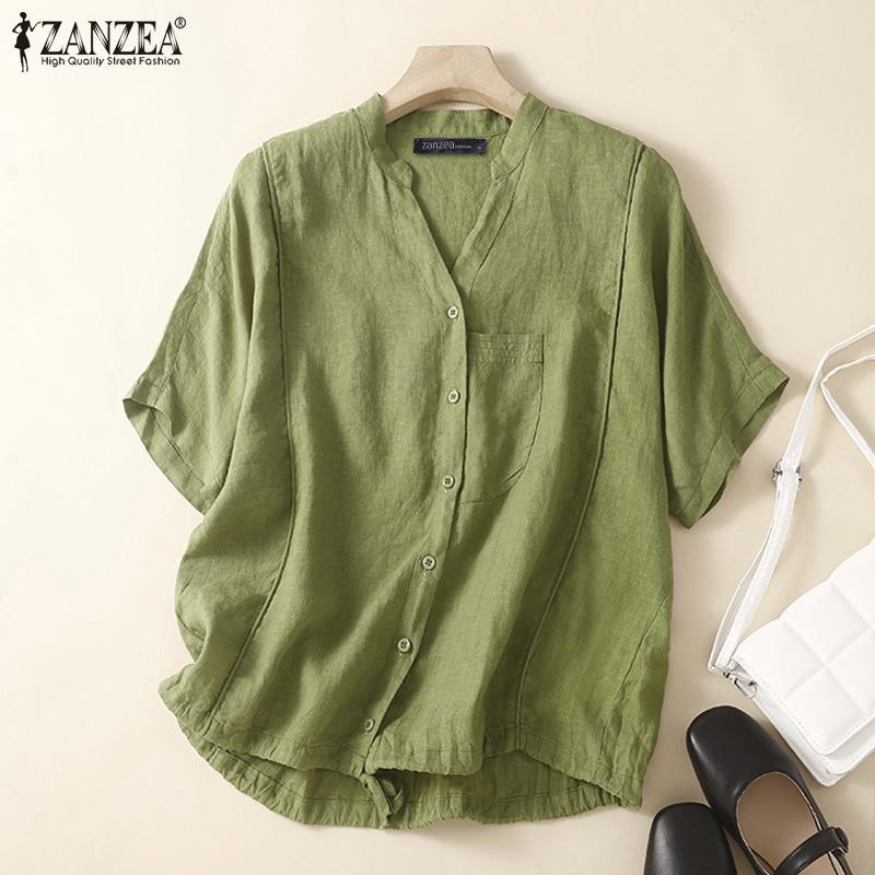 

ZANZEA Женская повседневная хлопковая летняя блузка с v-образным вырезом и короткими рукавами