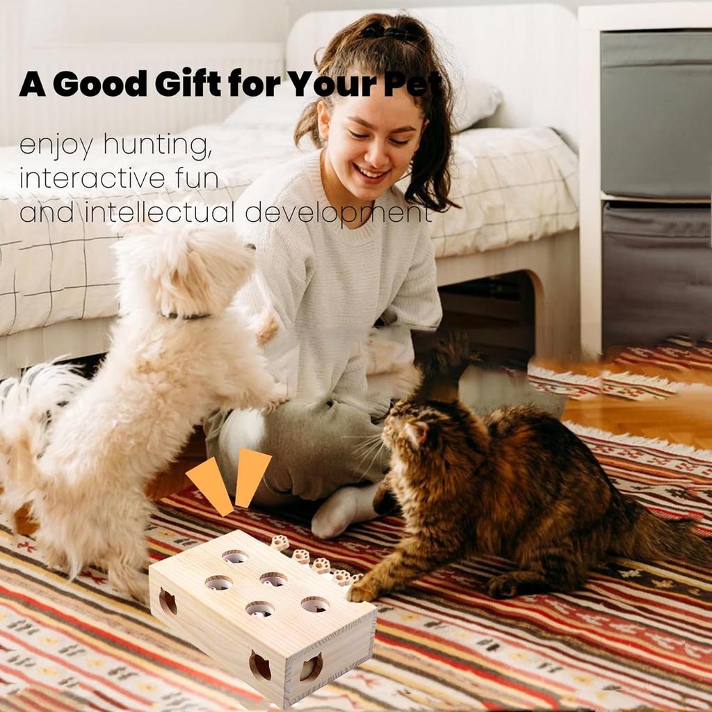 Jucărie din lemn Whack-a-mole, Jucărie Interactivă, Jucărie Pop-up, Perfectă Pentru Pisici Adulte Plictisite în Interior și Cadoul Ideal Pentru Pisica Ta (5 găuri)