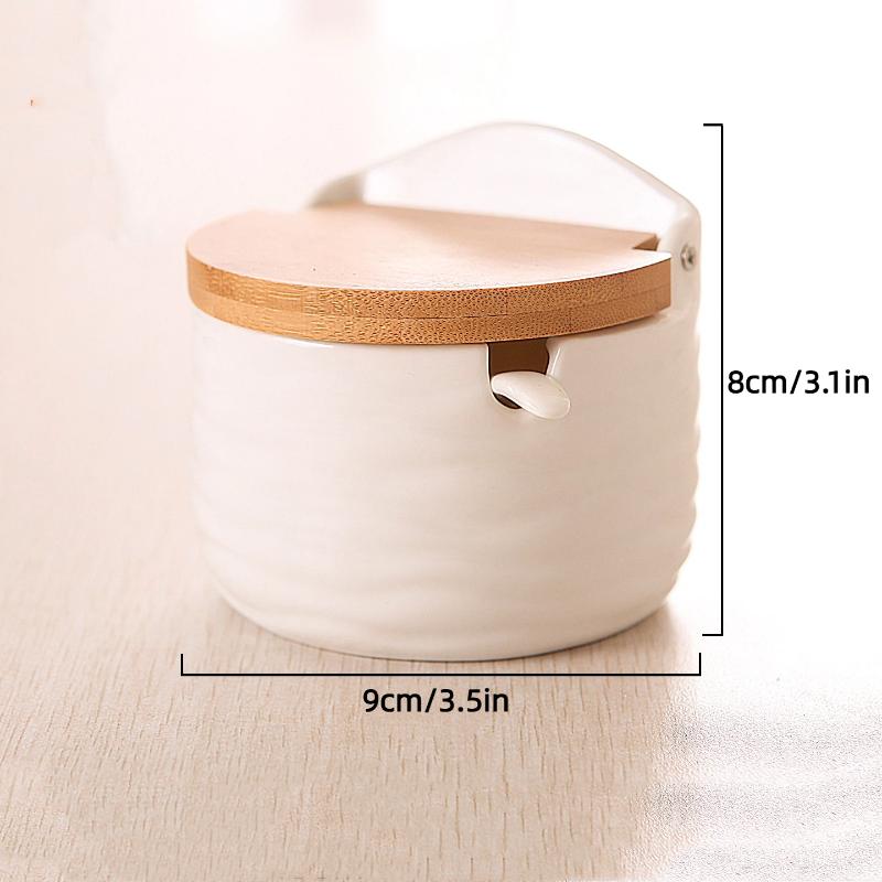 Simple Ceramic Seasoning Jar Bamboo Lid Spice Jar With Spoon Kitchen Sugar Salt Spices Storage Box Household Container