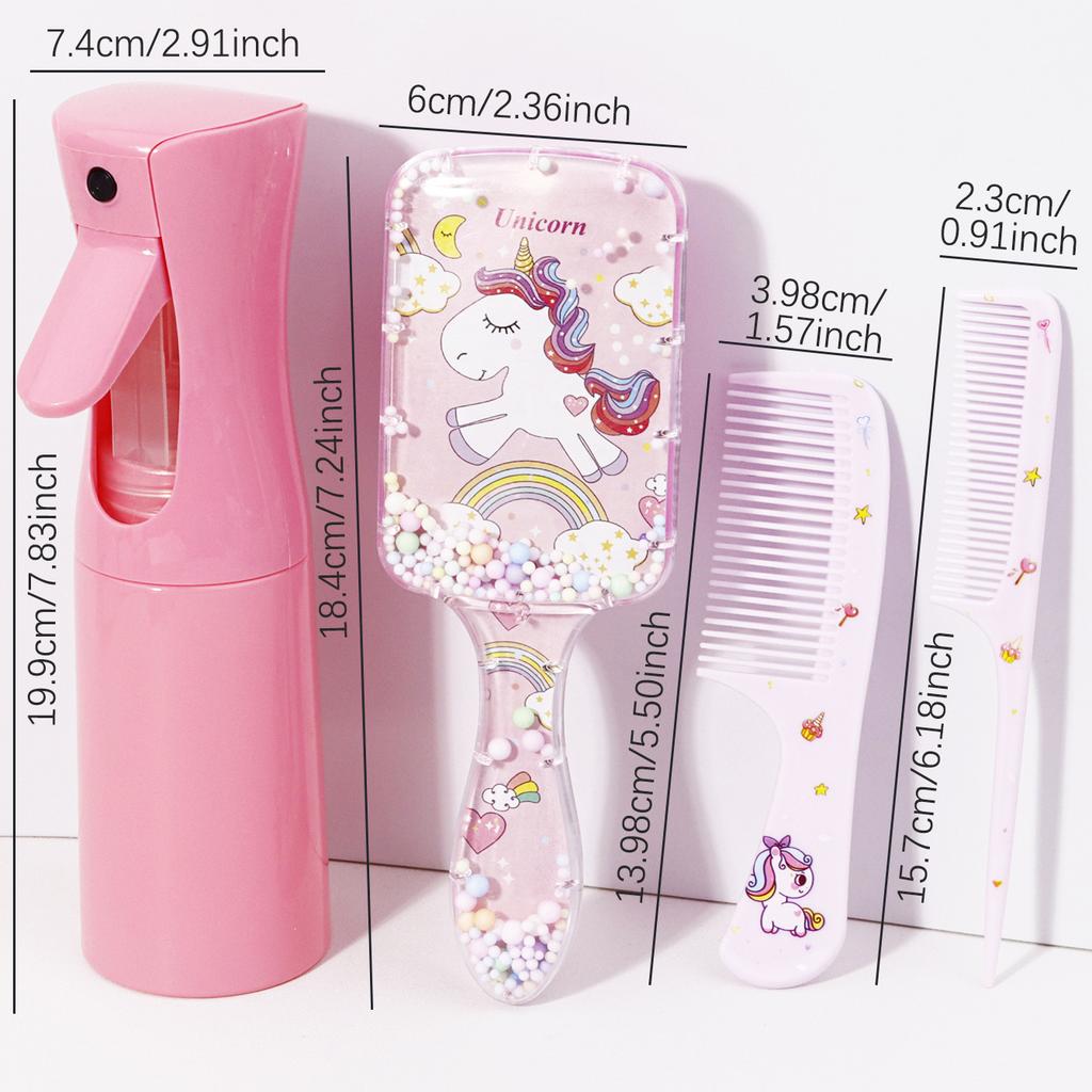 4pcs hair styling set, 200ml spray bottle, cute cartoon pattern square hair brush and 2 combs, Special for real hair wigs