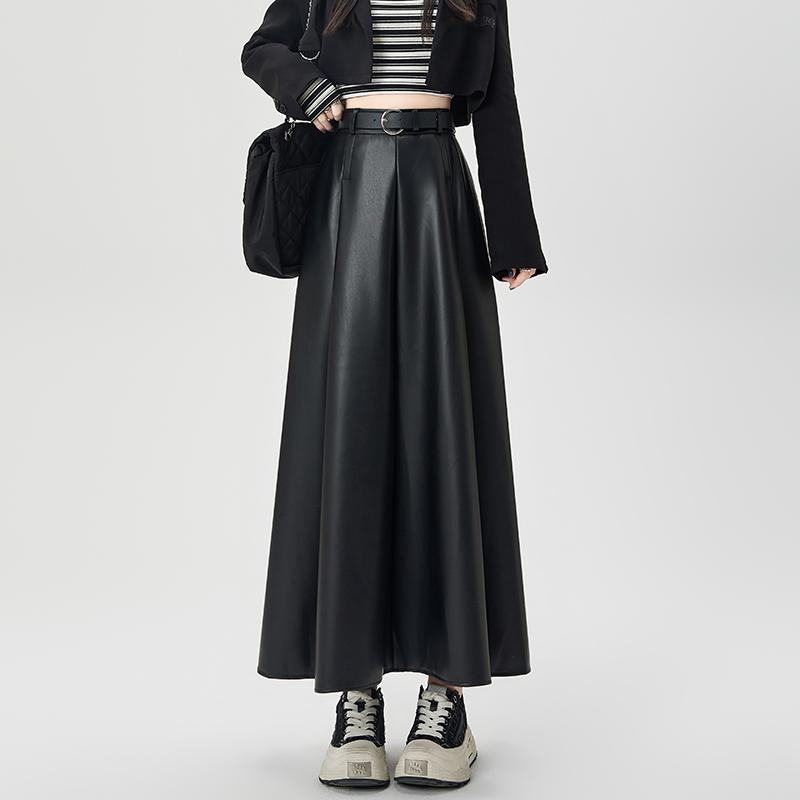 Winter Women PU Leather Skirt Long Pleated High Waist A Line Fashion Clothes