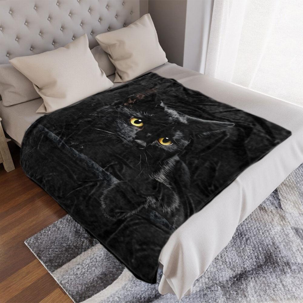 Black Cat Printed Throw Blanket - Glossy Textured Fleece, Dramatic Contrast Design, Perfect For Cozy Home Decor, Alert Relaxed C