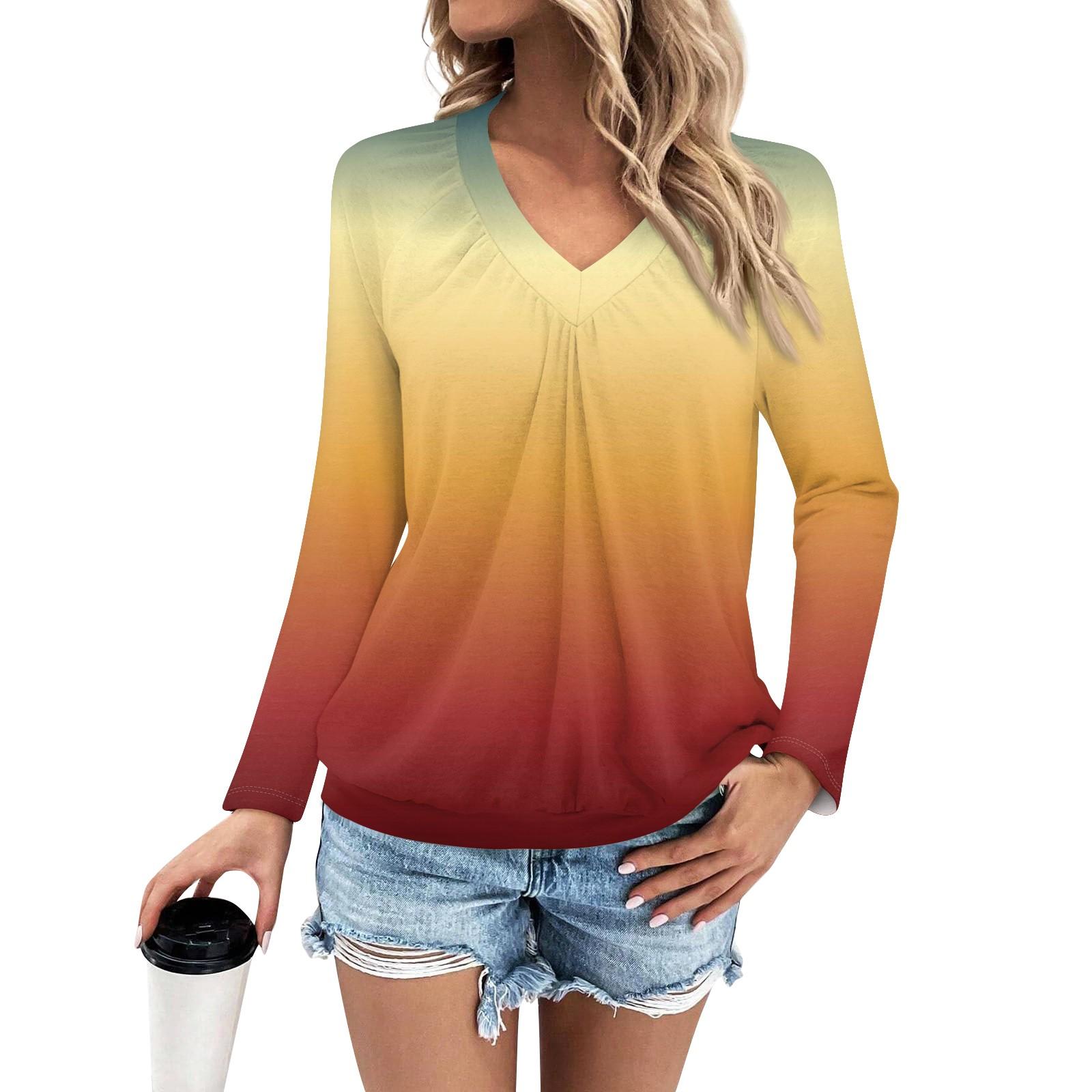 

Женская мода V-образный вырез плиссированный цветной блок принт повседневный длинный рукав XL шафрановый