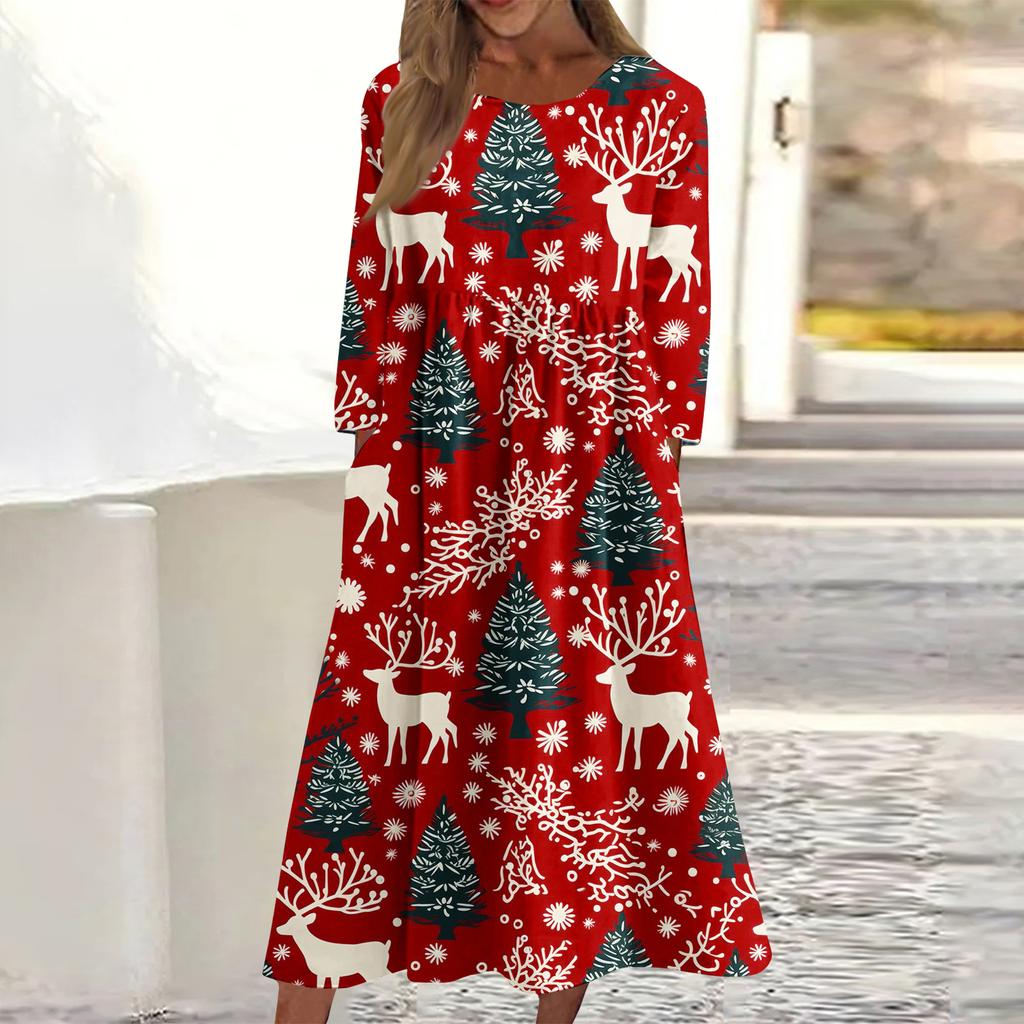 Women's Casual Round Neck Christmas Print Midi Dress Long Sleeve Pocket Dress