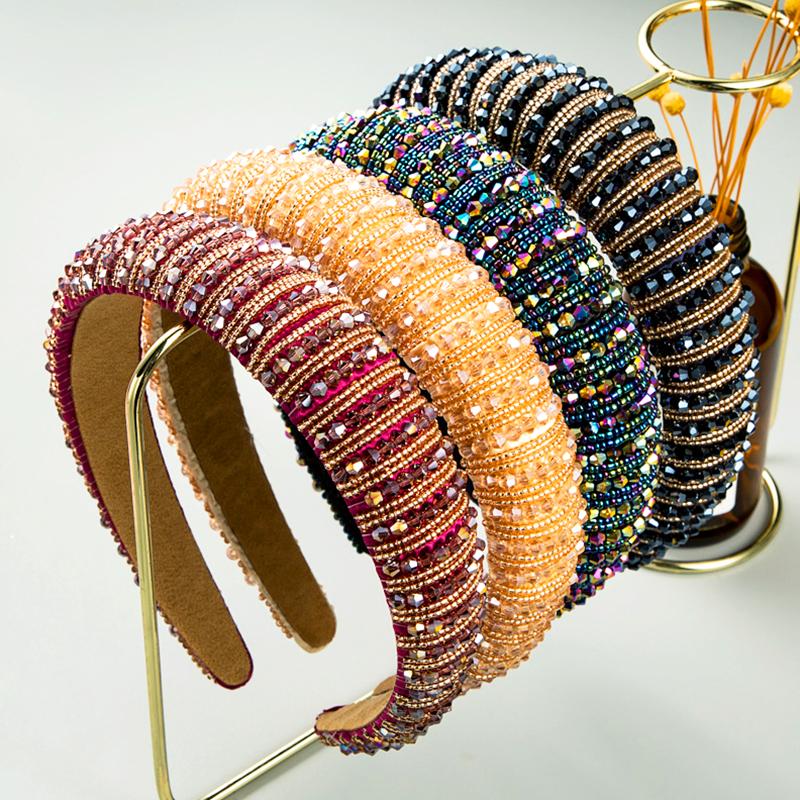 1Pc Padded Head Crown Elegance Crystal Beaded Multicolor Wide Edge Baroque Women's Hair Band Headband