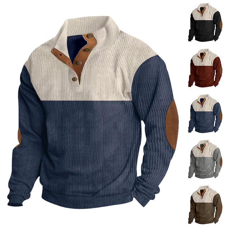 Autumn/Winter Men's Casual Colour-Blocked Collared Sweatshirt with Corduroy Stand Collar