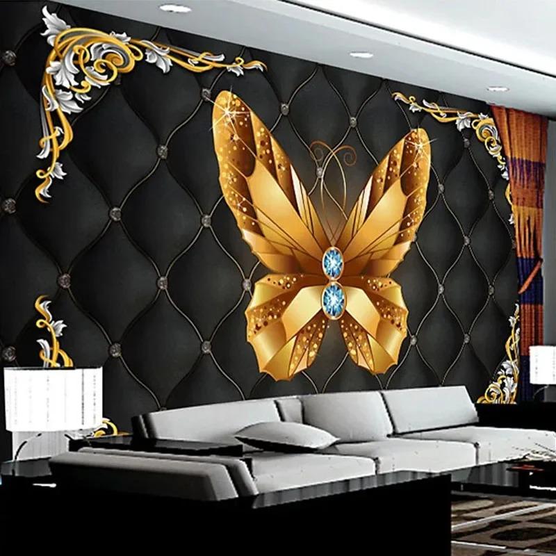 European Style 3d Wall Mural Butterfly Jewelry Black Soft Roll Wallpapers Living Room Bedroom Background Wall Papers