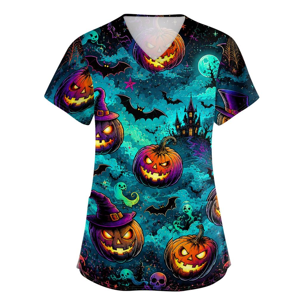 Women V Neck Short Sleeve Printed Scrub Top with Pockets and Side Slits for Work Uniforms Holiday Theme