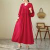 Johnature V-Neck Loose Solid Color Niche Splicing A-Line Dress Woman Spring Fashion Long Sleeves Chinese Style Dress