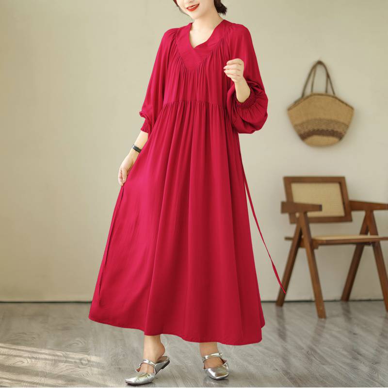 Johnature V-Neck Loose Solid Color Niche Splicing A-Line Dress Woman Spring Fashion Long Sleeves Chinese Style Dress
