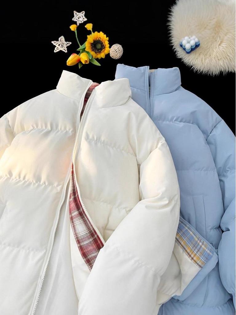 Unisex Black Plaid Patchwork Cotton Jacket – Warm Stand Collar Winter Outerwear