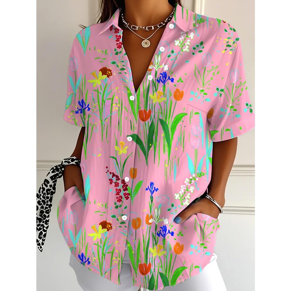 Plus Size, Fashion Casual Commuting Floral Print Women s Plus Size Button- Short-sleeve Blouse S