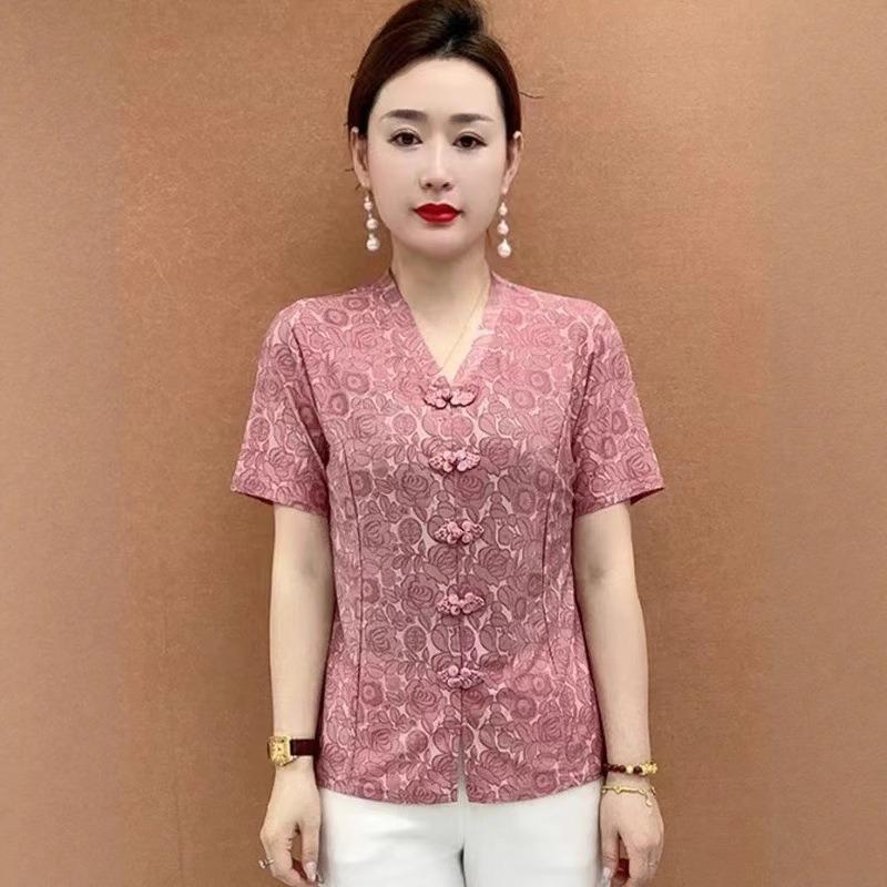 Women Rose Jacquard V Neck Frog Button Short Sleeve Qipao Style Blouse