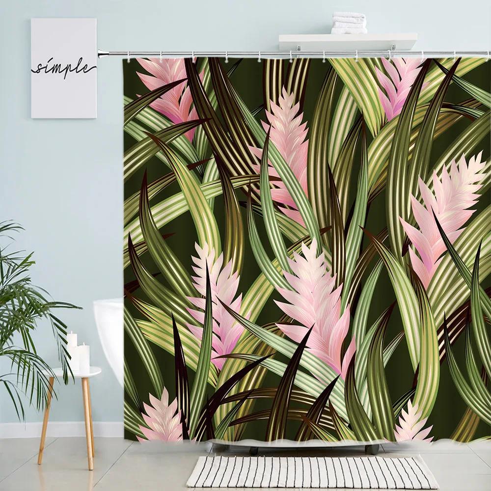 Boho Floral Shower Curtain, Hawaii Tropical Leaves Flower Bath Curtain Botanical Nature Summer Bathroom Decor Curtain with Hooks
