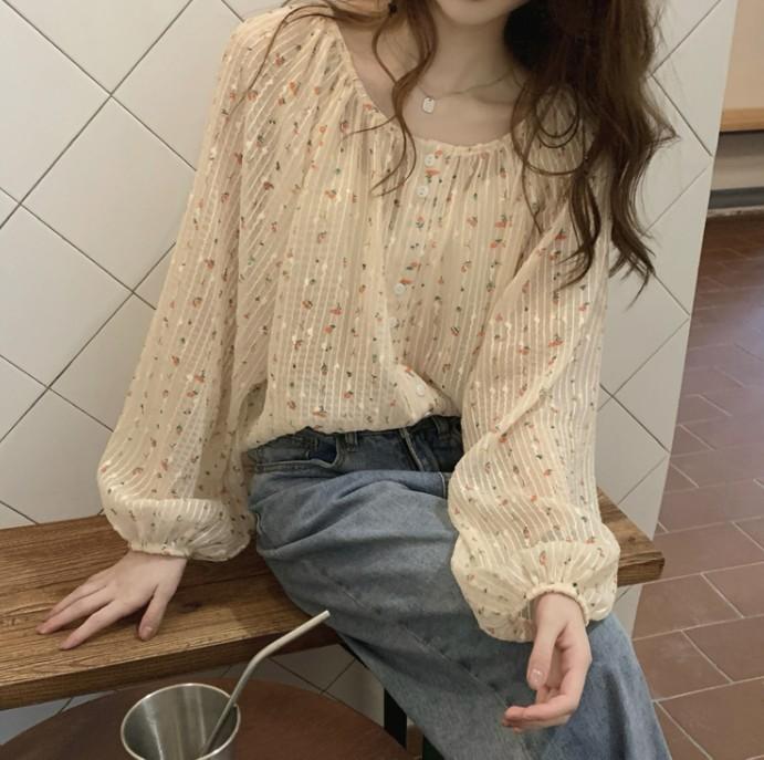 Early Spring and Autumn Small Fresh Chiffon Floral Shirt Women's Design Sense Niche Chic Thin Hong Kong Style Long-sleeved Shirt Summer