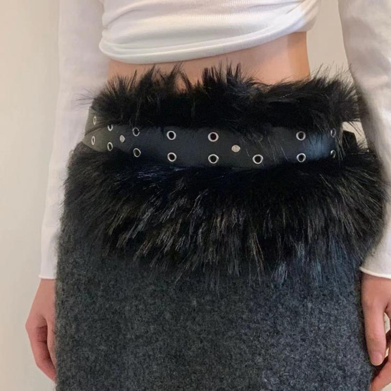 New Retro Punk Y2K Fluffy Faux Fur Waist Belt Women Fashion Accessories Pu Leather Waistband Gothic Style