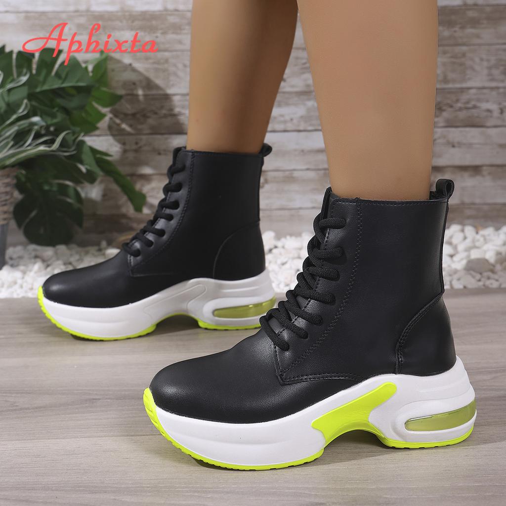 Aphixta Lace Up Woman Ankle Boots Platform 6cm Wedge Heel Leather Short Boots Chunky Heels Shoes for Woman Botas De Mujer Size43