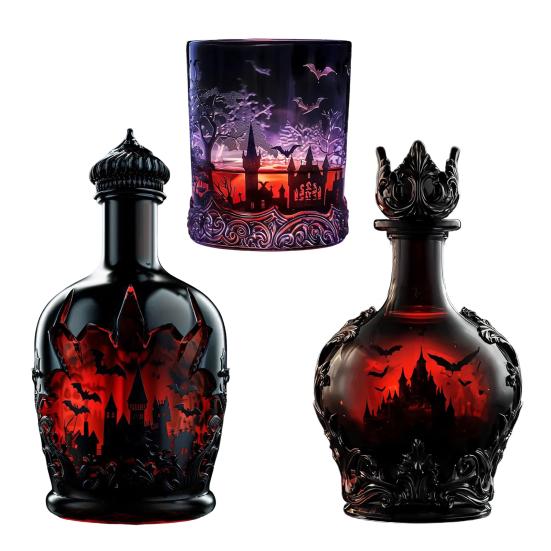 Gothic Vampires Whiskey Decanter Glass Liquor Bottle with Bat Castle Design Halloween Bar Decor for Bourbon