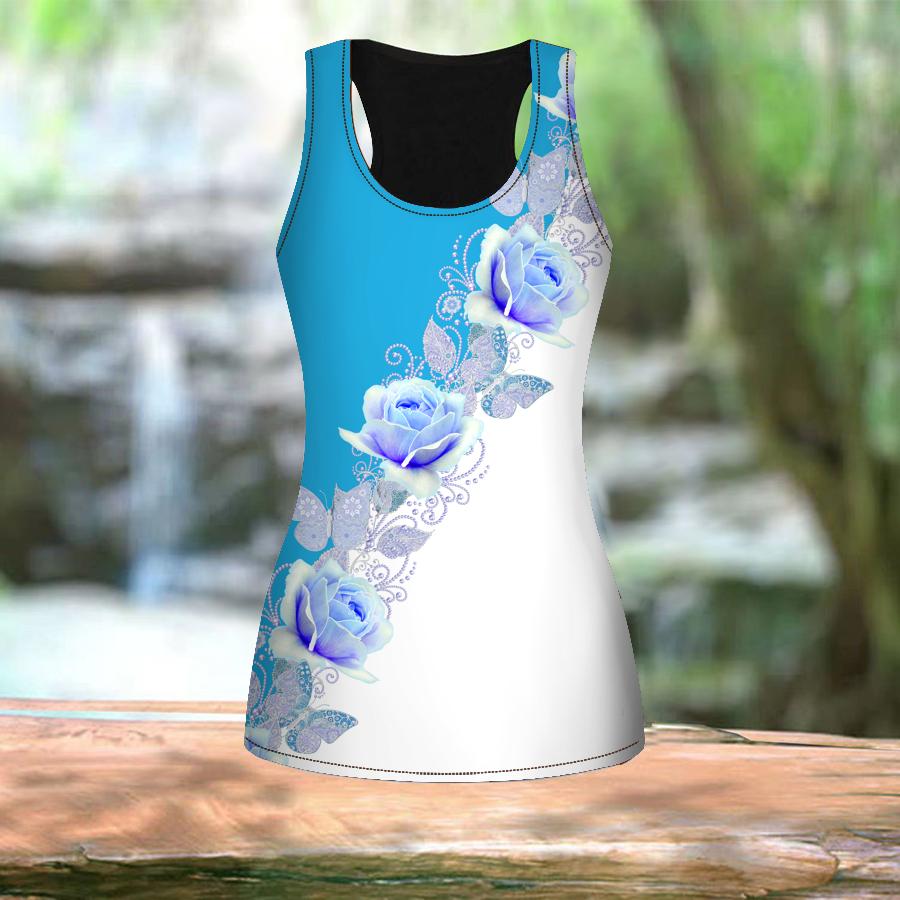 Женские летние спортивные рубашки с 3D принтом синей розы для занятий йогой и тренажерным — фото 6