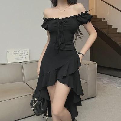 Women's Summer One-Shoulder Black Ruffle Dress - Irregular Hem, Sexy Mid-Length Skirt