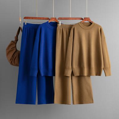 Women's Autumn and Winter New Round Neck Loose Knitted Sweater and Casual Wide-leg Pants Two-piece Set