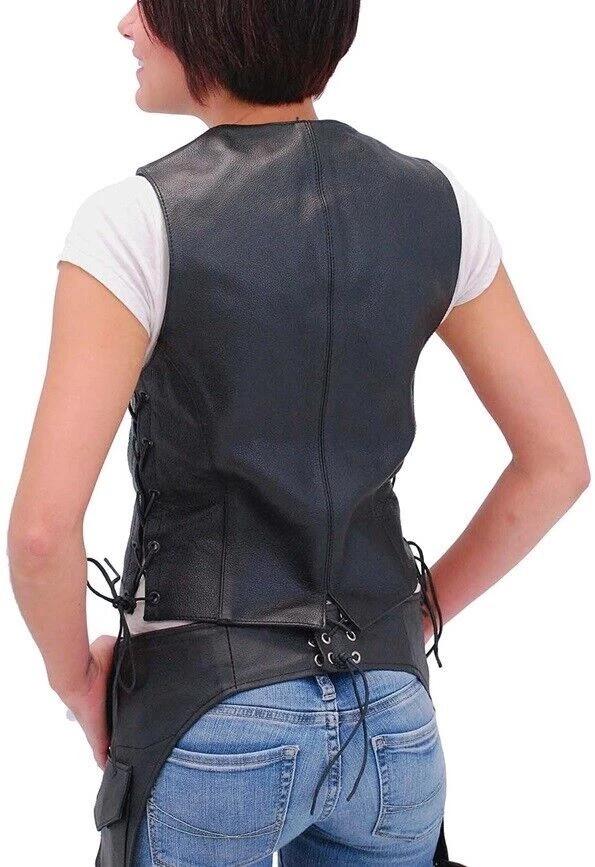 Classic Black Women 100% Real Lambskin Leather Button Waistcoat Western Vest Coat