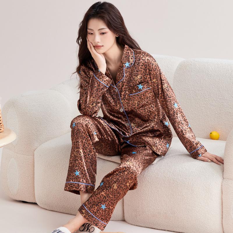 Light Luxury Retro High-End Leopard Print Star Ice Silk Pajamas Women'S Long-Sleeved Trousers Loungewear Set