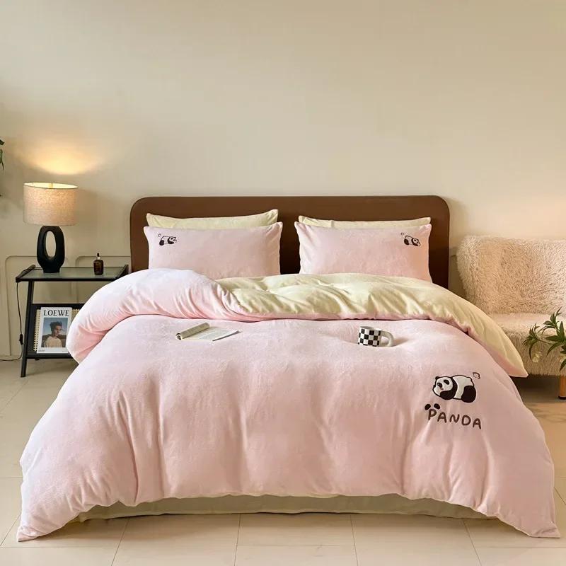 2025 high gram weight thickened warm cute cartoon milk fleece four-piece set embroidered baby fleece double-sided fleece bedding