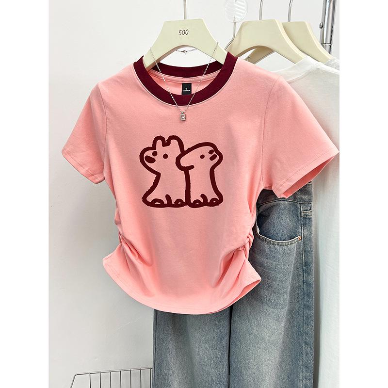 

Women s Korean Style Color Block Ruched Waist Print T-Shirt Small