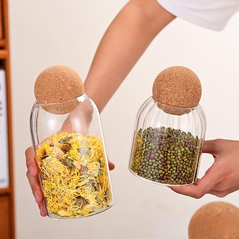 1pc Storage Container, Round Sealed Jar Glass Storage Jar With Sustainable Cork Lid, For Coffee,Tea,Spices ,Kitchen Organizers