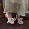 Fashion Women's Pink Ballet Mary Jane Shoes with Bow Knot Thick Heel Round Head Soft Shoes for Evening Wear