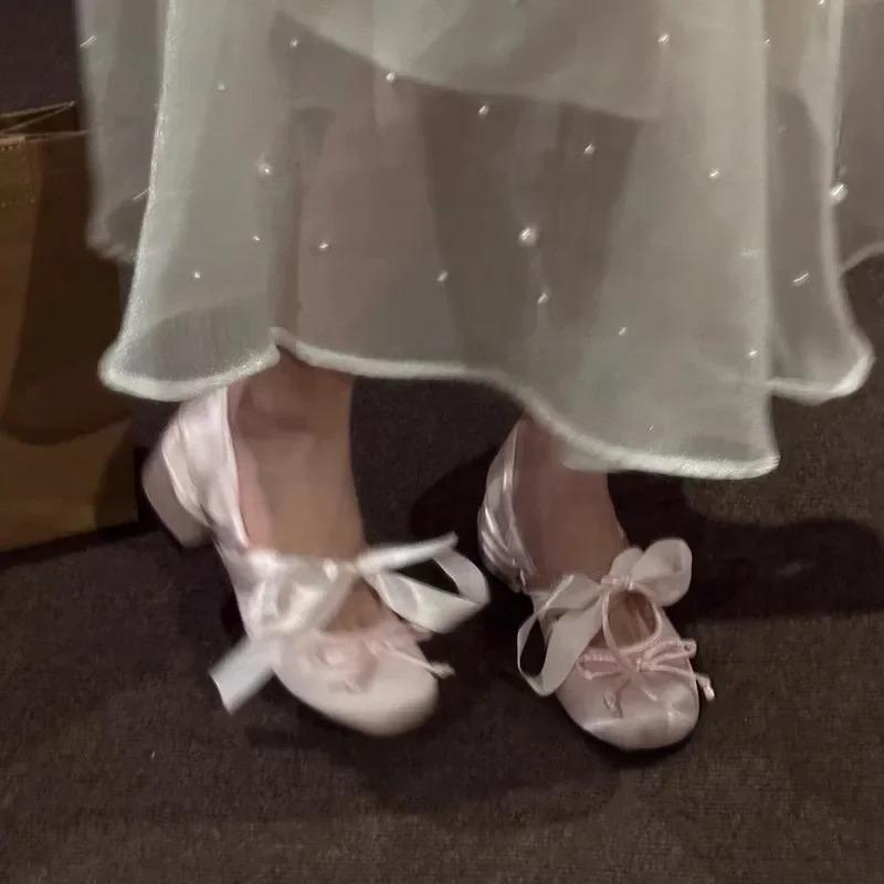 Fashion Women's Pink Ballet Mary Jane Shoes with Bow Knot Thick Heel Round Head Soft Shoes for Evening Wear