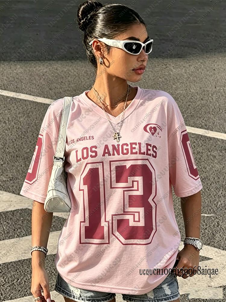 Los Angeles Nr. 13 Bedrucktes T-Shirt Für Damen Sommer V-Ausschnitt Kurzarm Sport Fußballtrikot Lässig Y2K Locker Übergröße Oberteile