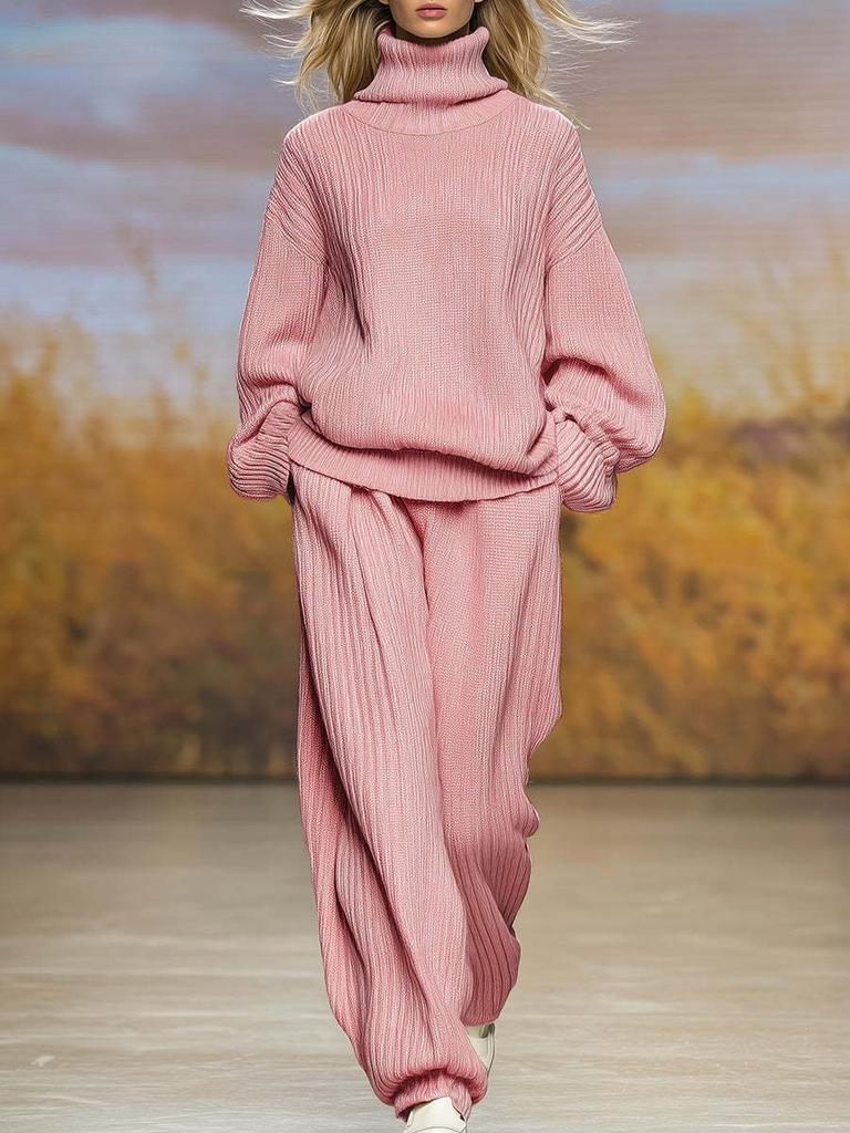 DM025 European and American Cross-border 2025 Spring and Autumn Leisure New Knitted Loose High-necked Wide-leg Pants Set
