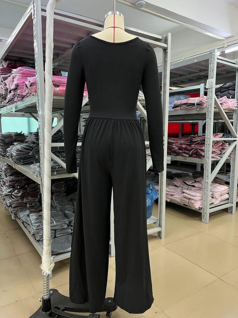 Tuta da donna 2026 con scollo quadrato e gamba larga: Vita Alta, Manica Lunga, Stile Europeo & Americano, Design Casual con Cintura in Vita
