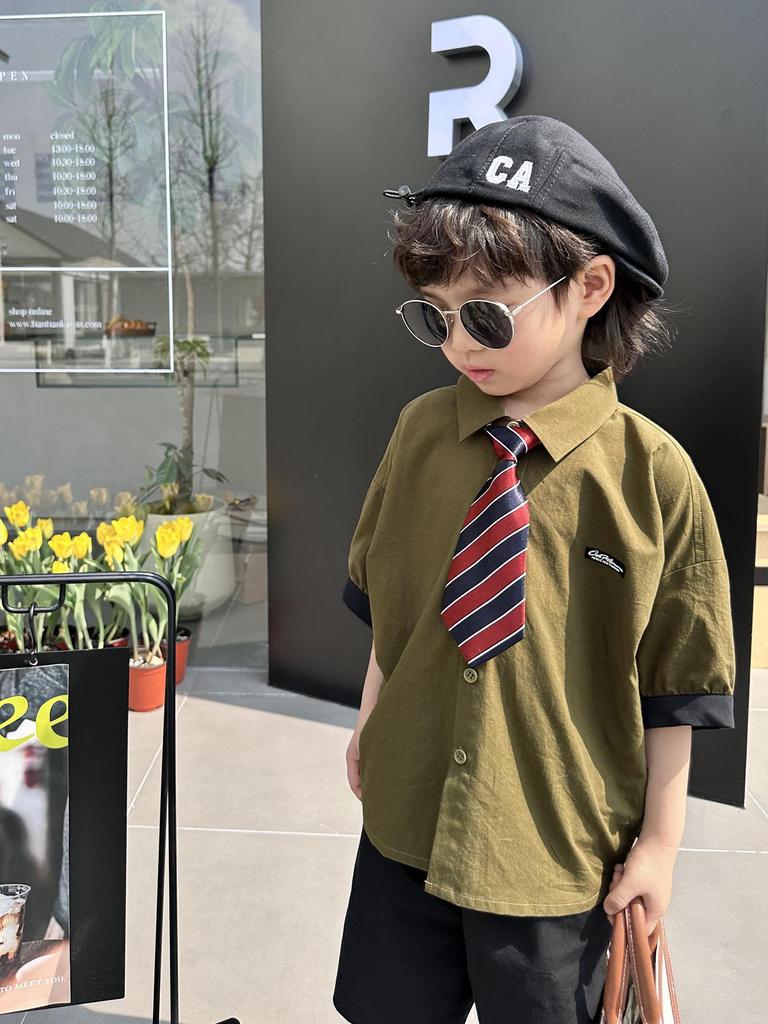Kids' Korean Style Short-Sleeve Tie Shirt - 2026 Summer Trendy Performance Wear for Boys