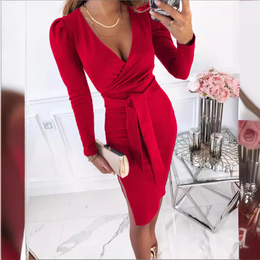 Autumn V-neck Tie-up Dress: Sexy, Elegant, Solid Color for Women
